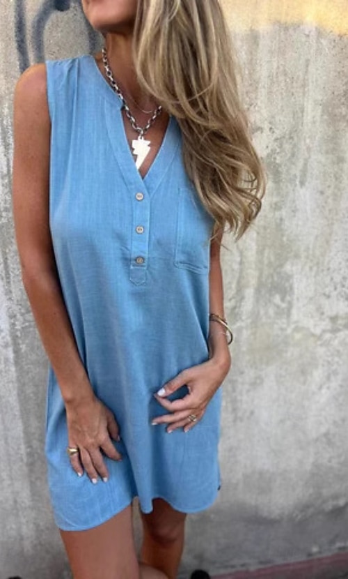 Women's Mini Dress Faux Cotton Linen Shift Dress Sundress Fashion Classic  Modern Daily Vacation Holiday Regular Fit Plain Sleeveless V Neck Black  Beige Grey Light Blue Summer 2026 - $22.99