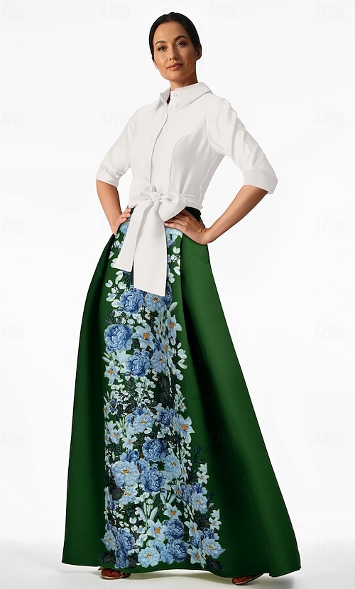 Green Floral Print A-Line Evening Gown Elegant Dress Formal Wedding Floor  Length 3/4 Length Sleeve Shirt Collar Pocket Satin Wedding Guest Dress 2026  - $187.99
