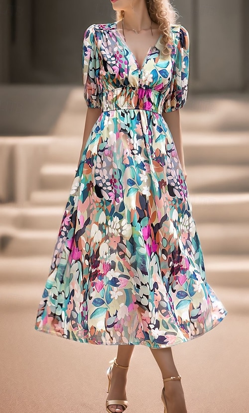 Women's Midi Dress Graduation Dress Floral Dress Fashion Outdoor Graduation Going out Regular Fit Flower Short Sleeve V Neck Blue Black Light Green Red Summer 2026 - kr.299 Women's Midi Dress Graduation Dress Floral Dress Fashion Outdoor Graduation Going out Regular Fit Flower Short Sleeve V Neck Blue Black Light Green Red Summer 2026 - kr.299