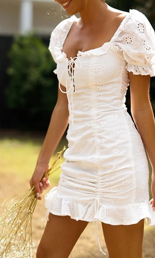 Women's Mini Dress White Dress Graduation Dress Fashion Vacation Birthday Weekend Regular Fit Plain Short Sleeve Square Neck White Summer