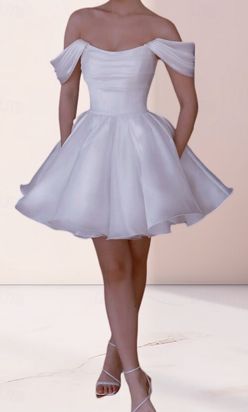 Engagement Little Graduation White Dresses Wedding Dresses A-Line Off  Shoulder Short Sleeve Short / Mini Satin Bridal Gowns With Pleats Ruched  2026