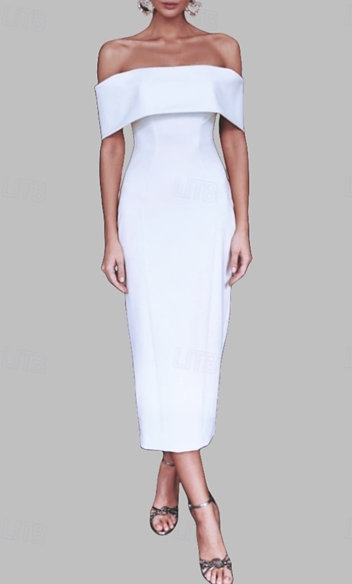 Engagement Little Graduation White Dresses Wedding Dresses Mermaid /  Trumpet Off Shoulder Short Sleeve Tea Length Satin Bridal Gowns With Solid  Color 2026 - $154.99
