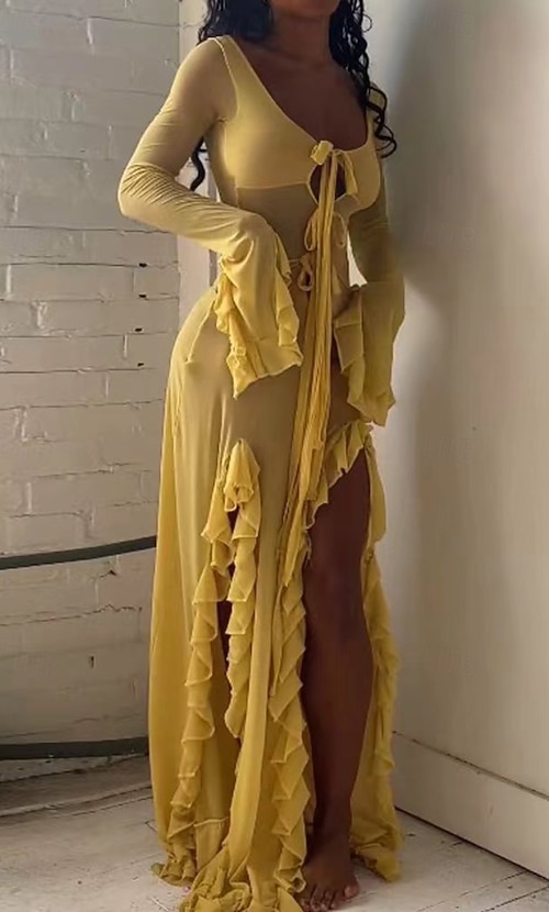 light yellow boho dress Women's Long Dress Maxi Dress Boho Dress Fashion Vacation Date Going out Regular Fit Plain Long Sleeve V Neck Light Yellow Summer 2026