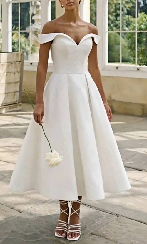 A-Line Ankle Length Wedding Dresses Bridal Shower Dresses Bridal Gown  Little White Dresses Short Sleeve Off Shoulder Graduation Birthday Satin  with Pleats 2026