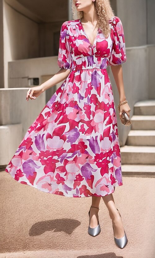 Women's Midi Dress Graduation Dress Floral Dress Fashion Outdoor Graduation  Going out Regular Fit Flower Short Sleeve V Neck Blue Black Light Green Red  Summer 2026 - CHF25