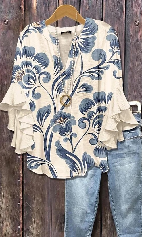 Blouse Femme Col V Manches Volantes Superposées Imprimé Floral