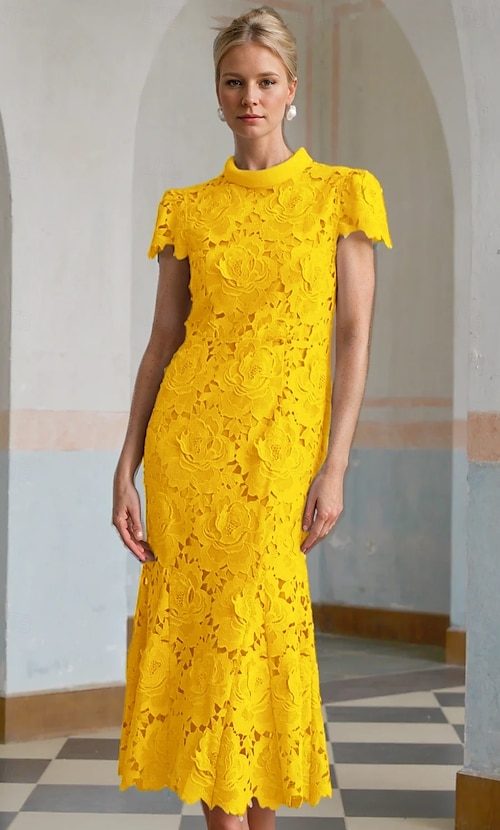 Yellow Blue Column Cocktail Elegant Embroidered Dress Formal