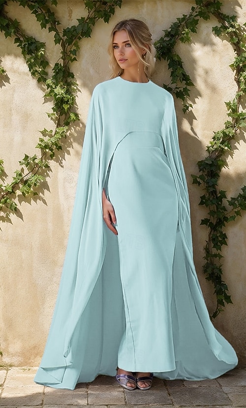 Cape Dress Sheath / Column Evening Gown Elegant Dress Formal Wedding Floor  Length Sleeveless Crew Neck Chiffon 2026 - AU $283.19