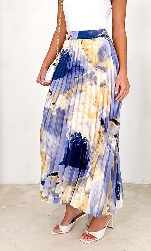 Women's Skirt Casual Maxi Mid Rise Skirts Tie Dye Pleated Print - Main Image