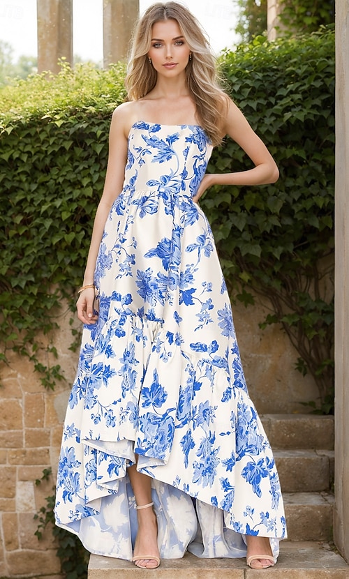 A-Line Cocktail Dresses Elegant Dress Semi Formal Beach Wedding Floor  Length Sleeveless Strapless Satin with Floral Print Ruffles Wedding Guest  Dress 2025 - €164.99