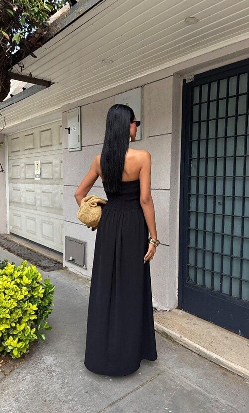 black dress with beige wedges Black Linen Blend Contrast Trim Dress - Mini Dresses