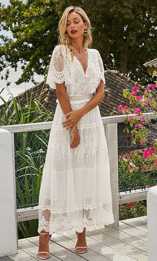Women's White Lace Swing Dress Maxi V Neck Short Sleeve Regular Fit Flowy Beach Vacation Resort Spring Summer