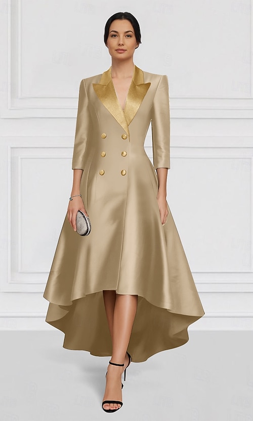 Women's Tuxedo Dress A-Line Formal Satin Elegant Long Sleeve Asymmetrical Ankle Length Lapel Double Breasted 2026