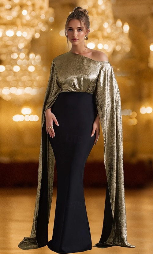 Black and Gold Metallic Cape Dress Black Tie Mermaid / Trumpet Elegant Dress Formal Wedding Sweep / Brush Train One Shoulder Lurex Fabric Stretch Crepe with Ruched Details 2026 - NZ $282.49 Black and Gold Metallic Cape Dress Black Tie Mermaid / Trumpet Elegant Dress Formal Wedding Sweep / Brush Train One Shoulder Lurex Fabric Stretch Crepe with Ruched Details 2026 - NZ $282.49
