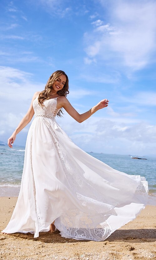 open lace back dress Boho Shimmery Lace V-Neck Chiffon Chapel Train Wedding Dress main image 0