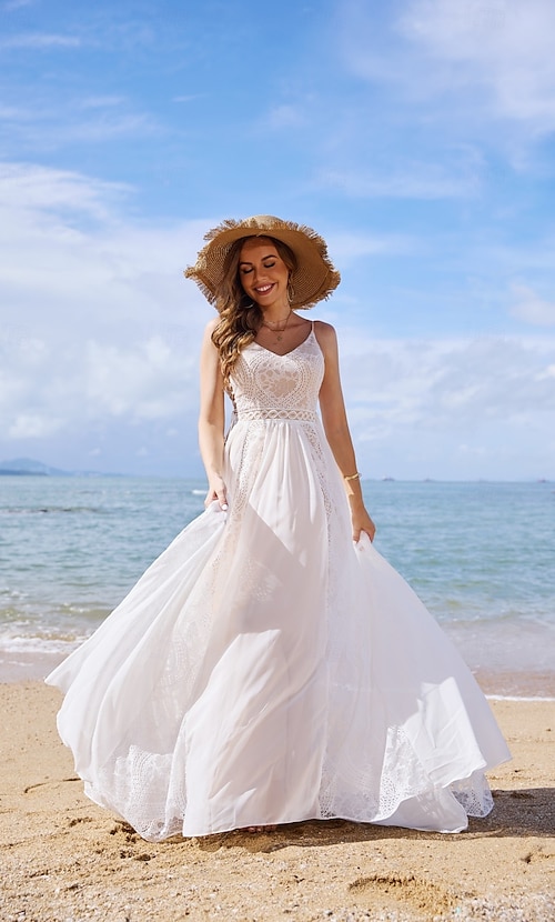 Espalda Descubierta Vestido Playa Tirantes Vestidos De Boda Boho De Espalda  Abierta En La Playa A-Line Cuello