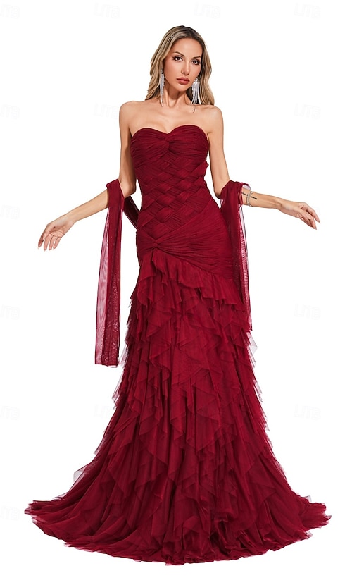 fitted lace wedding dress Burgundy Sequin Mermaid Silver Beaded Court Trian Prom Dresses