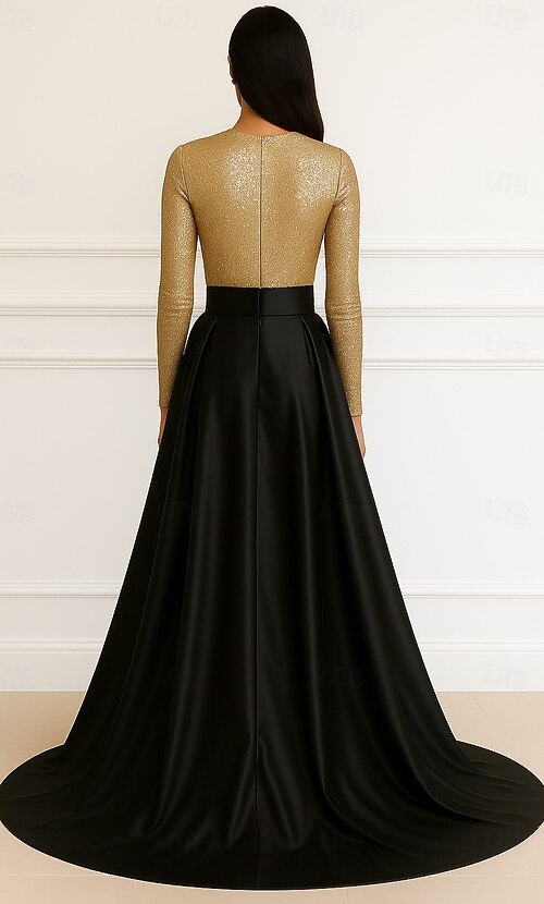 A-Line Floor Length Evening Gown Ball Gown with Overskirt Formal Dress  Elegant Silky Long Sleeve Crew Neck Wedding Formal Champagne Mother Of the Bride  Dress Stretch Satin with Glitter Sequin 2026 -