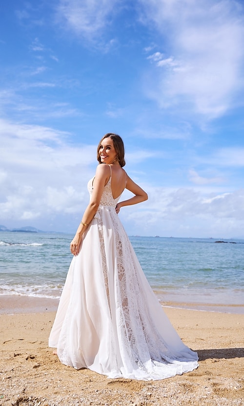 beach low back wedding dresses Simple Sexy Beach Side Slit Spaghetti Straps Wedding Dress WD506 US10 / White