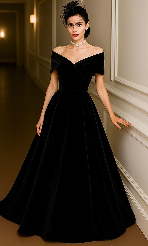 Red Black A-Line Evening Gown Elegant Dress Formal Wedding Floor Length  Short Sleeve Off Shoulder Pocket Velvet with Pleats 2026 - SGD S$229.39