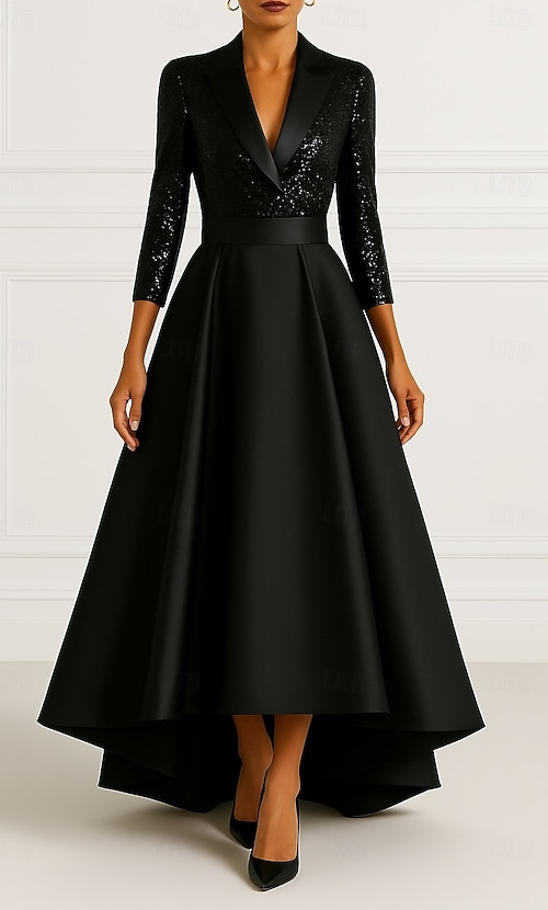 long tuxedo dress for ladies Women's A-Line Formal Wedding Guest Satin Elegant Simple Sleeve Floor Length Peak Lapel 2026 This formal dress features a faux Women's Tuxedo Dress A-Line High-low