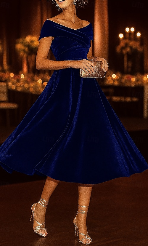 A-Line Tea Length Knee Length Cocktail Dresses Party Dresses Elegant  Sleeveless Off Shoulder Garden Party Wedding Velvet with Ruched 2026 -  CHF134