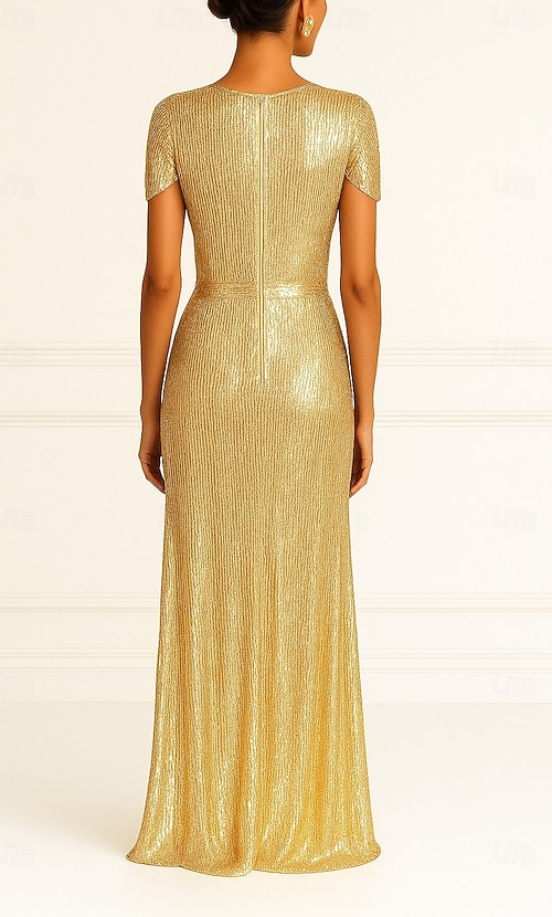 Sheath Column Floor Length Prom Dresses Evening Gown Ball Gown Formal Dress Elegant Color Block Glittering Short Sleeve V Neck Wedding Formal Champagne Mother Of the Bride Dress Stretch Satin Sequined 2026 - Sheath Column Floor Length Prom Dresses Evening Gown Ball Gown Formal Dress Elegant Color Block Glittering Short Sleeve V Neck Wedding Formal Champagne Mother Of the Bride Dress Stretch Satin Sequined 2026 -
