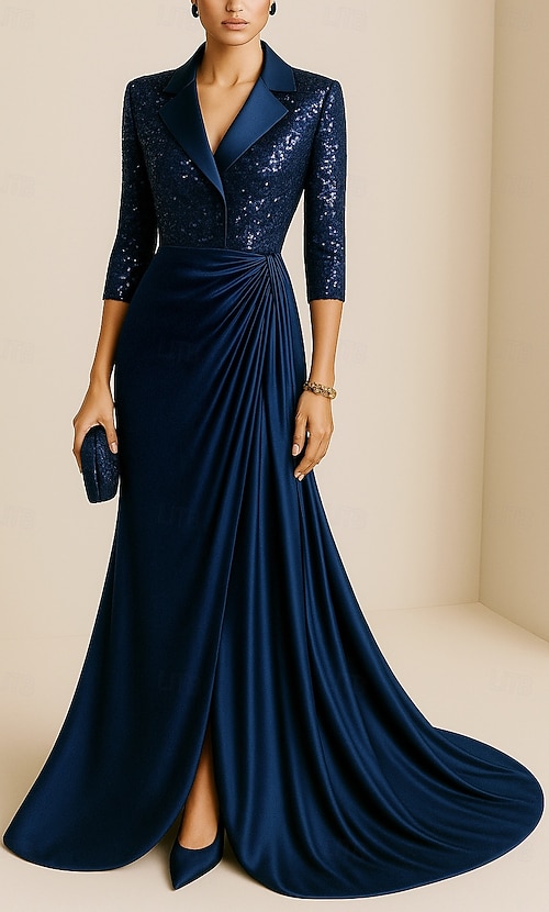 Women's Tuxedo Dress Mermaid Trumpet Mermaid Wedding Formal Wedding Guest  Satin Elegant Glittering 3/4 Sleeve Pleated Floor Length Notched Lapels  2026 - $159.99