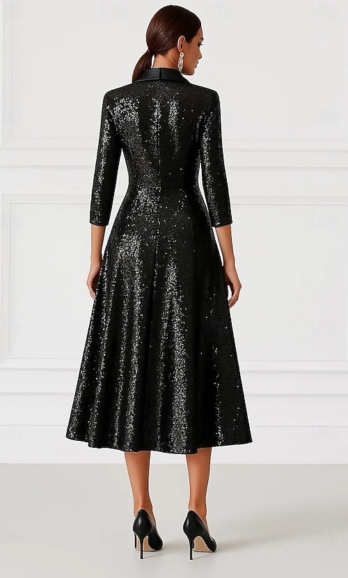 Women's Women Tuxedo Dress A-Line Formal Satin Sequin Elegant Vintage 3/4 Sleeve Pleated Tea Length Peak Lapel Double Breasted 2026 - $178.99 Women's Women Tuxedo Dress A-Line Formal Satin Sequin Elegant Vintage 3/4 Sleeve Pleated Tea Length Peak Lapel Double Breasted 2026 - $178.99