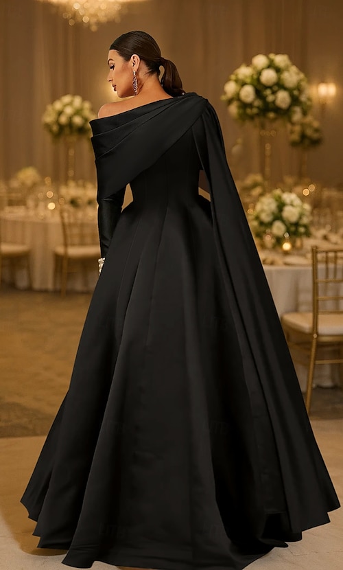 Ball Gown A-Line Floor Length Ball Gown with Cape Evening Gown Formal Dress  Elegant Celebrity Style Long Sleeve Off Shoulder Garden Party Wedding  Stretch Satin with Pleats Pearls 2026 - $195.99