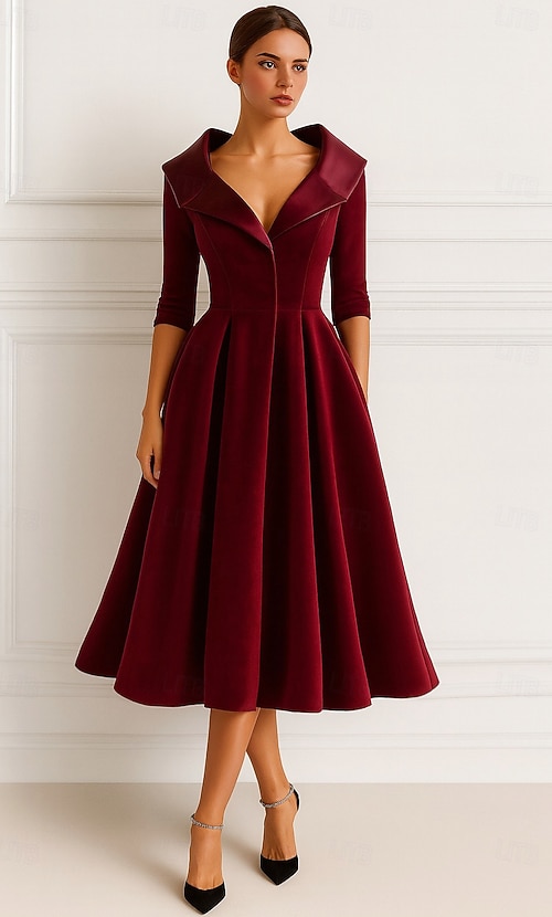 A-Line Tea Length Party Dress Cocktail Dress Wedding Guest Dress Mother of  the Bride Dress Long Sleeve Shirt Collar Elegant Vintage Formal Velvet with  Ruching Solid Color 2026 - CAD $248.99