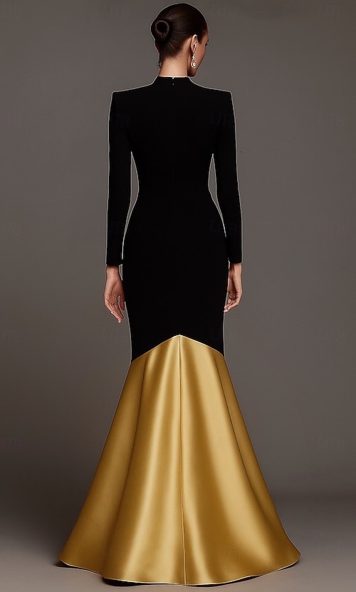 A-Line Mermaid Trumpet Floor Length Prom Dresses Evening Gown Ball Gown Formal Dress Elegant Color Block Black Dress Long Sleeve V Neck Wedding Formal Stretch Crepe with Pleats 2026