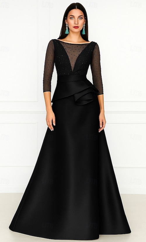A-Line Floor Length Evening Gown Ball Gown Formal Dress Elegant 3/4 Length  Sleeve Illusion Neck Wedding Formal Pink Dress Satin with Beading 2026 -  kr.1489