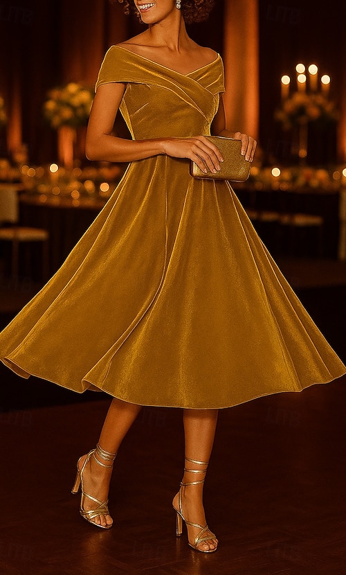 A-Line Tea Length Knee Length Cocktail Dresses Party Dresses Elegant Sleeveless Off Shoulder Garden Party Wedding Velvet with Ruched