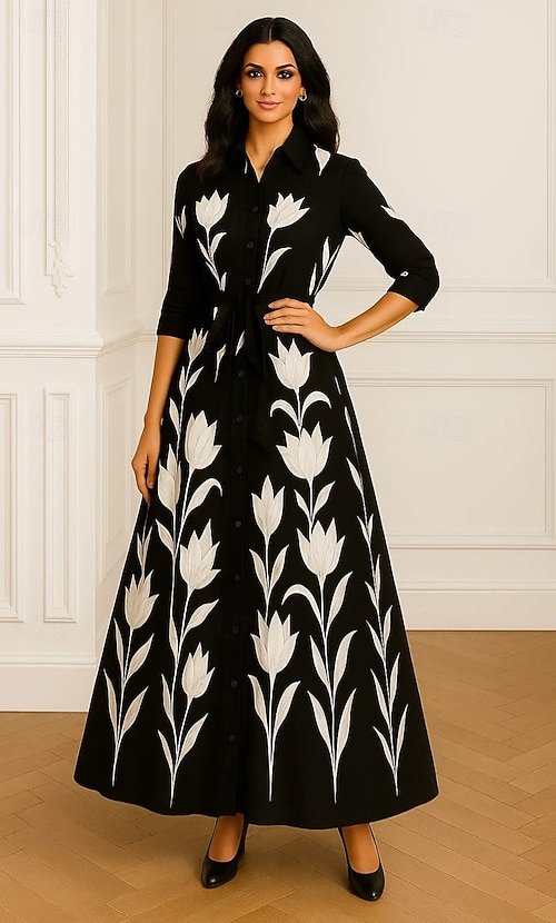 A-Line Floor Length Wedding Guest Dress Formal Dresses Evening Gown Mother  of the Bride Dress 3/4 Length Sleeve Shirt Collar Elegant Formal Holiday  Birthday Satin with Bow(s) 2026 - CAD $267.99
