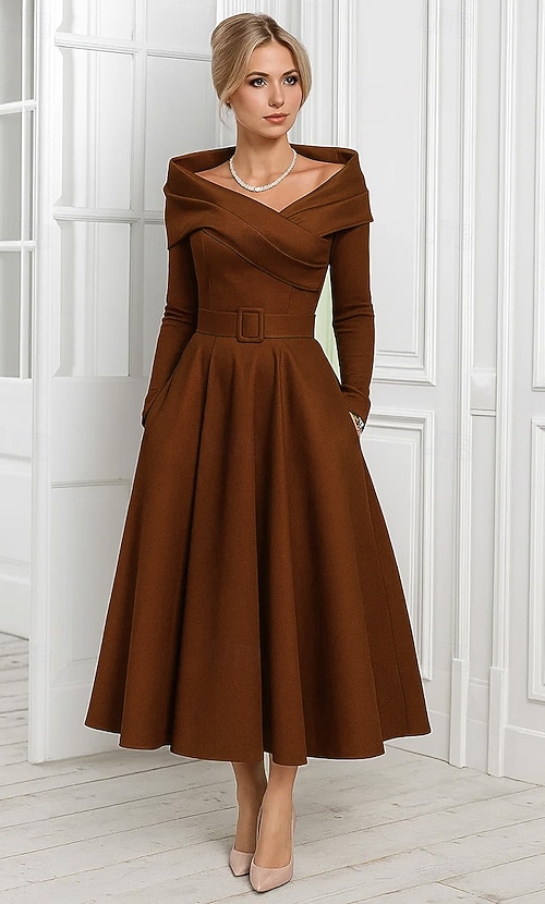 A-Line Tea Length Cocktail Dresses Party Dresses Elegant Long Sleeve Off Shoulder Garden Party Wedding Stretch Satin with Pleats