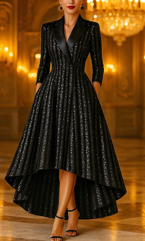 Black Sequin Tuxedo Dress Blazer A-Line Formal Wedding Wedding Guest Satin Elegant Vintage 3 4 Length Sleeve Floor Length Notched Lapels Zipper