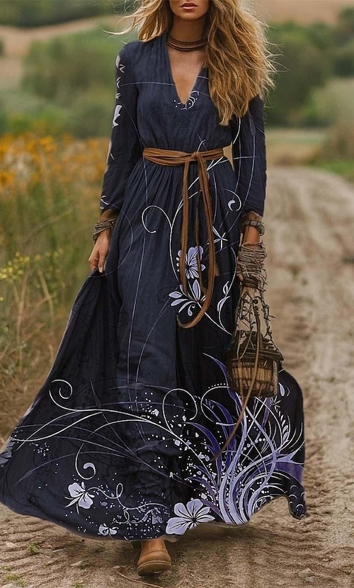 Women's Maxi Dress A Line Dress Pleated Dress Fit And Flare Dress Vacation Casual Boho Date Going out Regular Fit Floral Graphic Long Sleeve V Neck Purple Brown Green Spring Fall Winter Women's Maxi Dress A Line Dress Pleated Dress Fit And Flare Dress Vacation Casual Boho Date Going out Regular Fit Floral Graphic Long Sleeve V Neck Purple Brown Green Spring Fall Winter