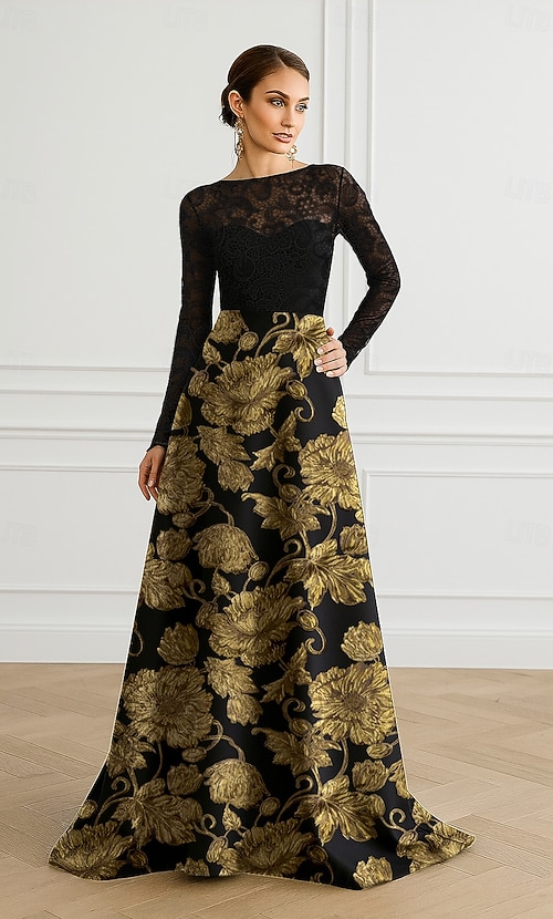 エレガントな黒とベージュのロングドレス エレガントな黒と金のレースドレス カラードレス ブラック エレガント