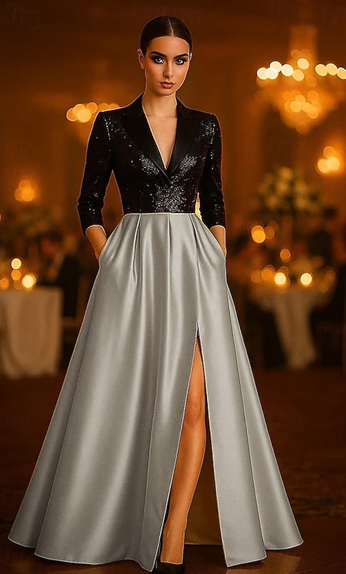 Women's Tuxedo Dress A-Line Formal Wedding Guest Kentucky Derby Satin  Elegant Celebrity Style 3/4 Sleeve Pleated Floor Length 2026 - $172.99