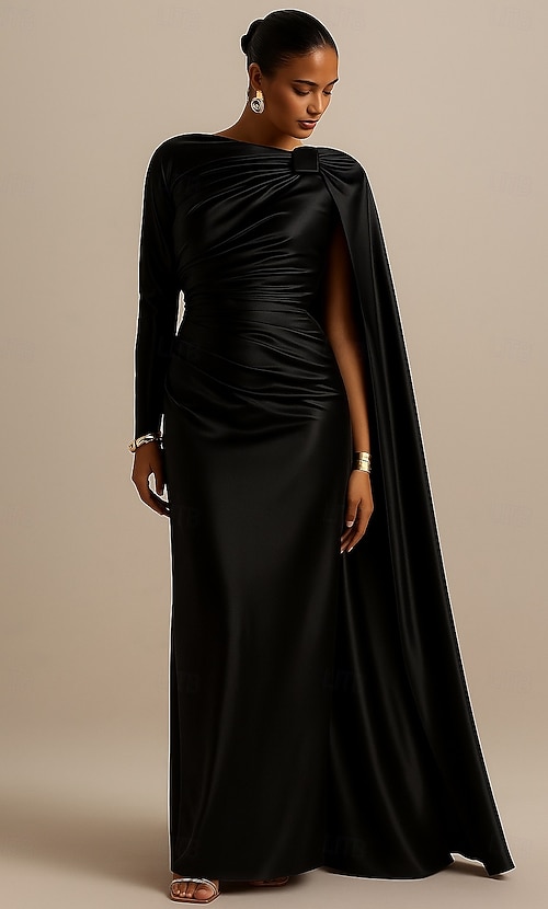 Sheath Column Floor Length Ball Gown with Cape Evening Gown Formal Dress  Elegant Silky Long Sleeve One Shoulder Wedding Formal Satin Stretch Crepe  with Pleats 2026 - OMR 64.19