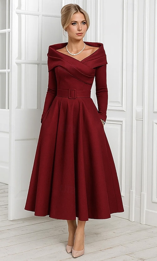 chinese dress ladies Free Shipping Elegant A-Line Long Sleeve Tea Length Wedding Guest Dresses  Evening Party Dresses VK0826001 – Vickidress main image 1