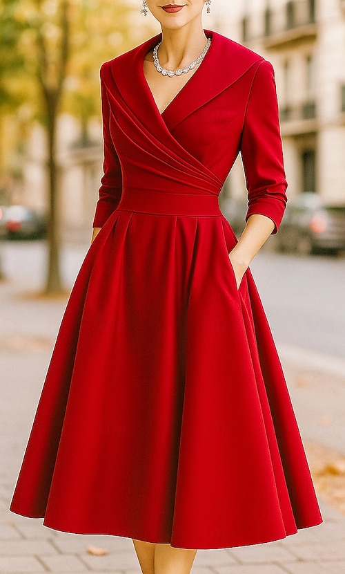 A-Line Tea Length Party Dress Cocktail Dress Wedding Guest Dress Mother of  the Bride Dress 3/4 Length Sleeve Shirt Collar Elegant Vintage Formal Satin  with Ruching Solid Color 2026