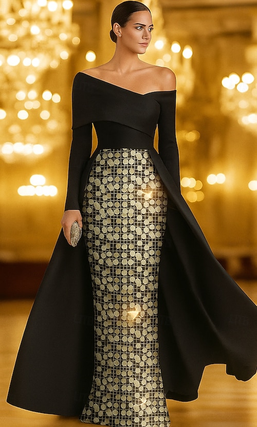 green emerald velvet dress Zapaka Women Black Golden Mother of Bride Dress Mermaid Square Neck Long Sleeve Sequin Wedding Guest Dress, BlackGolden / L main image 1