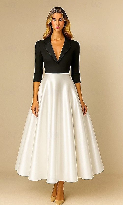 Black and White A-Line Cocktail Dresses Elegant Formal Dress Formal Wedding Tea Length Midi Length 3/4 Length Sleeve Notch lapel Stretch Crepe Top Black and White A-Line Cocktail Dresses Elegant Formal Dress Formal Wedding Tea Length Midi Length 3/4 Length Sleeve Notch lapel Stretch Crepe Top