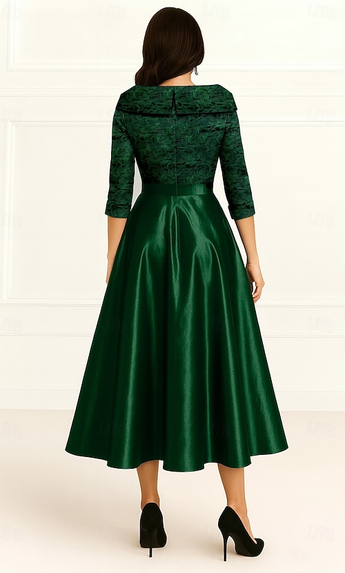 hunter green tea length dress A-Line Party Cocktail Dress Wedding Guest Dress Mother of the Bride Dress 3/4 Length Sleeve V Neck Elegant Formal Wedding Guest with Side-Draped 2026 Sophisticated Formal Dress