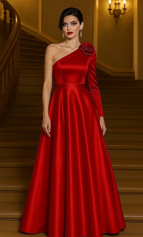 Red A-Line Evening Gown Stretch Satin Elegant Formal Dress Formal Wedding Floor Length Long Sleeve One Shoulder with Shouder Flower 2026 - NZ $275.69 Red A-Line Evening Gown Stretch Satin Elegant Formal Dress Formal Wedding Floor Length Long Sleeve One Shoulder with Shouder Flower 2026 - NZ $275.69