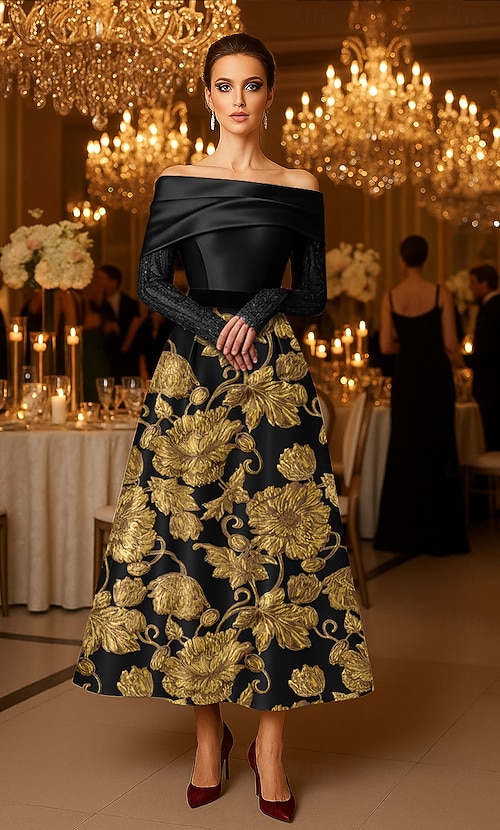 A-Line Jacquard Cocktail Dresses Elegant Formal Dress Formal Wedding Tea  Length Long Sleeve V Neck Satin with Pleats Beaded Lace Appliique 2026 -  $179.99