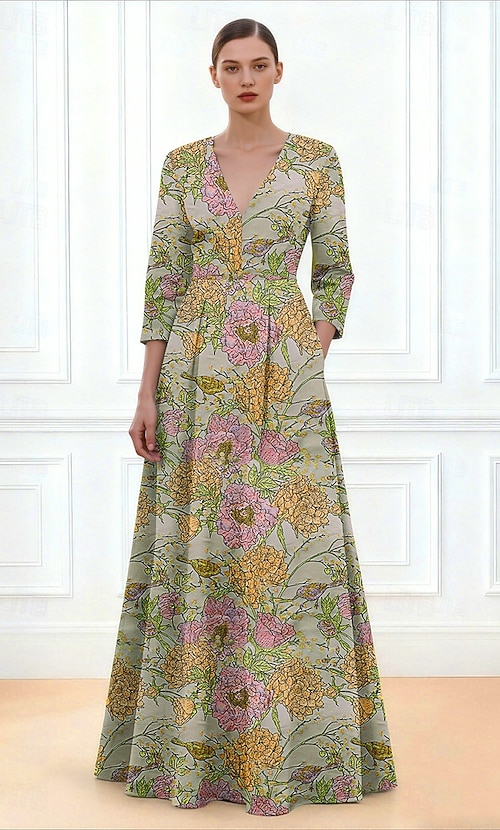 A-Line Floor Length Evening Gown Formal Dress Elegant Semi Formal Casual Daytime Wedding 3 4 Length Sleeve V Neck Garden Party Wedding Pocket Jacquard A-Line Floor Length Evening Gown Formal Dress Elegant Semi Formal Casual Daytime Wedding 3 4 Length Sleeve V Neck Garden Party Wedding Pocket Jacquard