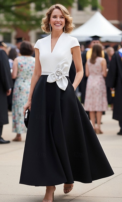 A-Line Ankle Length Satin Dress Party Dress Cocktail Dress Mother of the  Bride Dress Short Sleeve V Neck Elegant Formal Holiday Birthday Satin with  Flower 2026 - 156.99